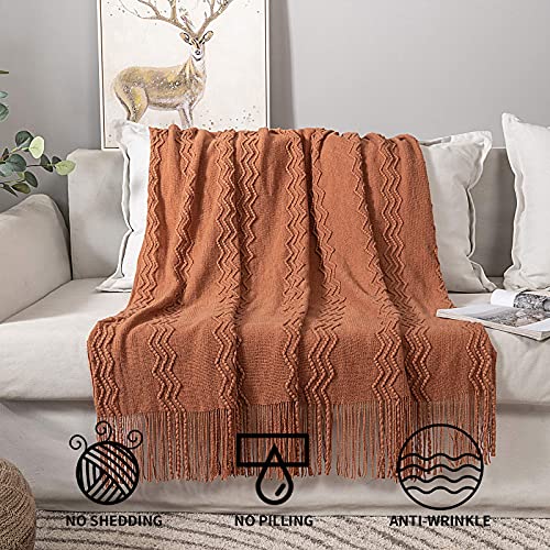 MIULEE Knitted Boho Throw Blanket for Couch Textured Knit Terracotta Rust Blanket with Tassels Cozy Woven Farmhouse Blanket for Sofa Bed Chair Wave Pattern Fall Decor 50"x60", Orange - color: Orange, size: 50" x 60"