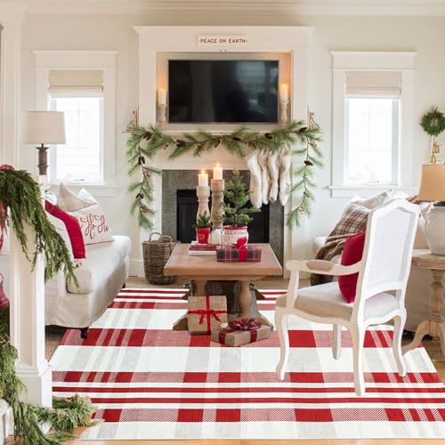 Christmas Door Mat Outdoor 4' x 6' Red and White Plaid Rug Christmas Decor Rug Cotton Hand-Woven Layered Door Mats Washable Carpet for Front Porch, Kitchen, Farmhouse, Entryway - color: Red&white Plaid, size: 4' x 6' (Rectangular)