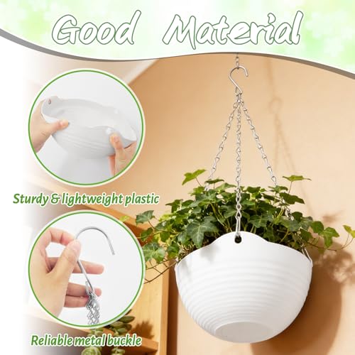 Bvrbaory 8 Pack Hanging Planter Pots,Self-Watering Flower Pot with Water Tray & Metal Chain,White Plastic Hanging Plant Pots for Indoor Outdoor Garden Decor,8 Inch - size: 8 Pcs White