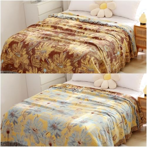 Boho Cotton Throw Blankets for Bed Couch, 100% Soft Cozy Cotton Blanket Rustic Quilt 80"x90",Reversible Muslin Farmhouse Blankets for Armchair,Picnic,Sofa,Couch - color: A-yellow Flowers, size: 80x90 Inch