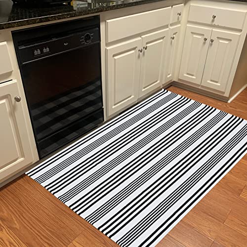 Black and White Striped Outdoor Rug Front Porch Rug 35.4''x59'' Cotton Hand-Woven Welcome Mats Layered Door Mats for Front Porch/Entryway/Laundry Room/Bedroom/Outdoor (35.4''x59'') - color: Black&white Stripe S, size: 3' x 5' (Rectangular)