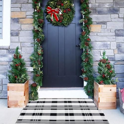Fall Décor Plaid Rug, 2'4" x 3'7" Black&White Check Indoor/Outdoor Area Rug, Layering Rug for Hello/Welcome Doormat, Machine Washable Cotton Woven Rugs for Farmhouse Front Porch,Entryway - color: Black & White Plaid X, size: 2'4" x 3'7" (Rectangular)