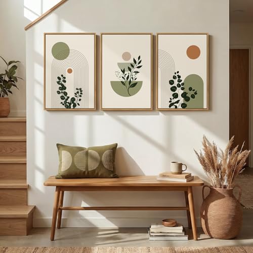 3 Piece Framed Abstract Boho Wall Art for Living Room, Large Sage Green Botanical Plant Canvas Artwork for Walls, Minimalist Geometric Prints Paintings for Bedroom Dining Room Hallway 16x24 Inch - color: Green Orange, size: 24" H x 16" W x 3Pcs