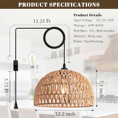 Brown Rattan Light Fixture 15ft Plug In Pendant Light Woven Pendant Light Boho Chandelier Wicker Pendant Light Boho Pendant Light Plug In for Dining Room Kitchen Island Bedroom(Bulb Incl.) - color: 12.2" Natural Plug In