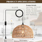 Brown Rattan Light Fixture 15ft Plug In Pendant Light Woven Pendant Light Boho Chandelier Wicker Pendant Light Boho Pendant Light Plug In for Dining Room Kitchen Island Bedroom(Bulb Incl.) - color: 12.2" Natural Plug In
