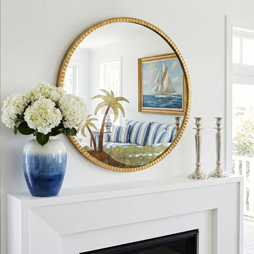 Round Gold Wall Mirror 32" – Decorative Metal Frame Wall Mirror with Tropical Coconut Tree, Beaded Coastal Accent Mirror for Living Room, Bedroom, Bathroom, Beach House - color: Coconut - 32"l X 32"w