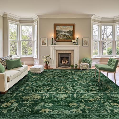 Deerly Dark Green Area Rugs 9x12 for Living Room Soft Non-Slip, Large Bedroom Rug Vintage Dining Room Rug Tribal Farmhouse Carpet for Dining Room Office Green - color: Dark Green, size: 9'x12'