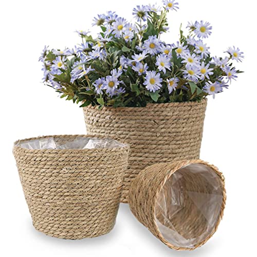 Beavorty Woven Flower Basket Hand Woven Straw Planter with Plastic Liner 8.66 Inch Indoor Decorative Plant Pot for Home Office Garden - size: 22X15CM