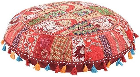 Rajasthani Handmade Colorful Decorative Floor Pillow Cover Meditation Patchwork Patchwork Cushion Seating Accent Boho Chic Indian Handmade Cover ONLY (Red, 32X32 Inches)