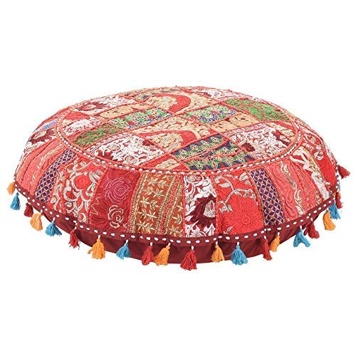 Rajasthani Handmade Colorful Decorative Floor Pillow Cover Meditation Patchwork Patchwork Cushion Seating Accent Boho Chic Indian Handmade Cover ONLY (Red, 32X32 Inches) - color: Red