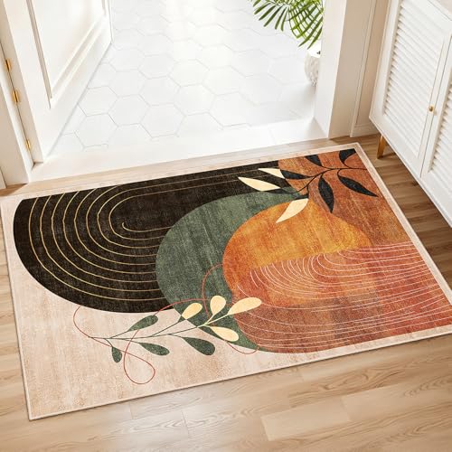 MUJOO 2x3 Washable Rug Small Area Rugs for Entryway Kitchen Bedroom,Boho Non Slip Throw Carpet for Bathroom Entrance Door Mat Mid Century Modern Abstract Botanical Geometric Accent Terracotta - color: Terracotta（modern）, size: 2' x 3' (Rectangular)
