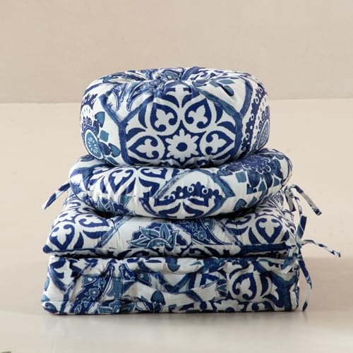 Boho Floor Cushion Set with Chair Pads 4-Pieces Extra Thick Floor Pillow, Round/Square Dining Chair Pad & Round Throw Pillow, Plush Velvet for Ergonomic Support, Boho Chic Home Decor Blue