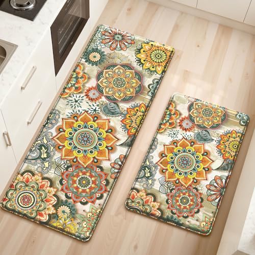 Boho Yellow Floral Kitchen Rugs Mats for Floor 2 Piece Memory Foam Padded Kitchen Mats Anti Fatigue Non Slip Cushioned Comfort Standing Mat, 17.3x28+17.3x47 Inch - color: Boho Yellow, size: 17.3"x28"+17.3"x47"-0.40Th[2PCS]
