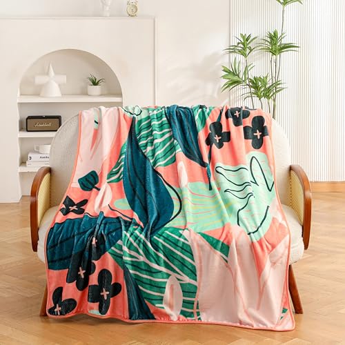Tyrot Boho Floral Flannel Fleece Throw Blanket – Soft, Warm & Lightweight Fuzzy Blanket for Couch, Bed, or Sofa Decor, Cute Botanical Design for Women & Girls, 50''x60'', Coral - color: Coral Breeze, size: Throw(50''x60'')