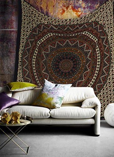 Popular Handicrafts Wall Hanging Tapestry For Bedroom Hippie Psychedelic Mandala Bohemian Hippy Intricate Floral Design Indian Tapestries Bedspread 84 x 90 Inches (215cm x 230cm) Green Red