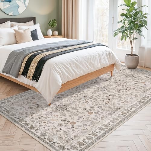 4x8 Rug Washable for Entryway Kitchen – Non-Slip Rubber Backed Area Rug for Hallway Bedroom Living Room Office,Boho Floral Low Pile Thin Floor Indoor Mat (Beige,4x8) - color: Beige, size: 4' x 8' (Rectangular)