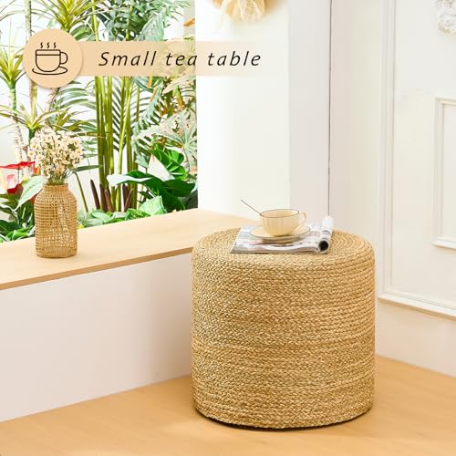 Handwoven Ottoman Pouf, Natural Seagrass Footstool, Round Braided Outdoor Seat with Sturdy Frame, Boho Accent Stool for Patio, Balcony, or Garden (Seagrass) - color: Seagrass, size: 17.7"D x 17.7"W x 15.7"H