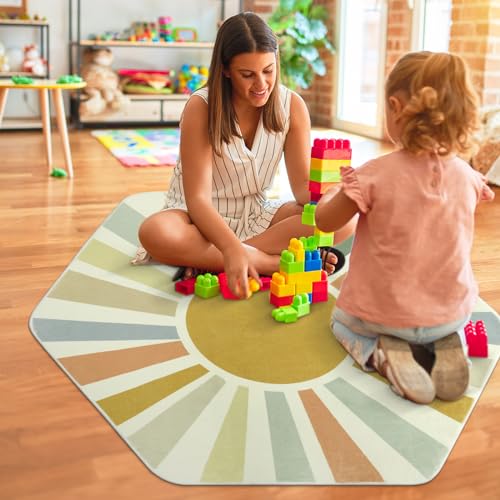 STARUIA Boho Washable Rug for Kids Play Room, 4'x 4'7" Hexagon Tent Colorful Sun Nursery Corner Rugs for Girls Boys, Ultra Soft Non-Slip Sunshine Carpet Play Rug for Princess Room Decor Classroom - color: Monet, size: 4'x4'7"
