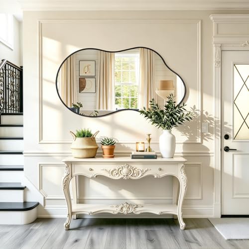 JJUUYOU Irregular Wall Mirror Black Metal Framed Decorative Asymmetrical Bathroom Mirrors Large 22"x40" for Living Room Bedroom Entryway Hanging Home Decor - color: Black, size: 40"L x 22"W