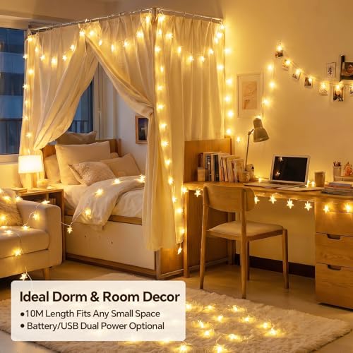 33Ft 80LED Star String Lights Battery and USB Operated, Warm White Star Fairy String Lights,Waterproof for Home Indoor Bedroom Wedding Room Dorm Wall Window Tent LoftBed Patio Party Decor