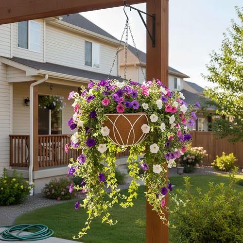 HOSY 2-Pack 12-in Hanging Metal Planter Baskets with Coconut Fibre Liner | Round Wire Planter, White, Openwork Petal-Shaped Design, 12-in Diameter, Includes Chain & Hook, Tool-Free Hanging Setup - color: Petals - White