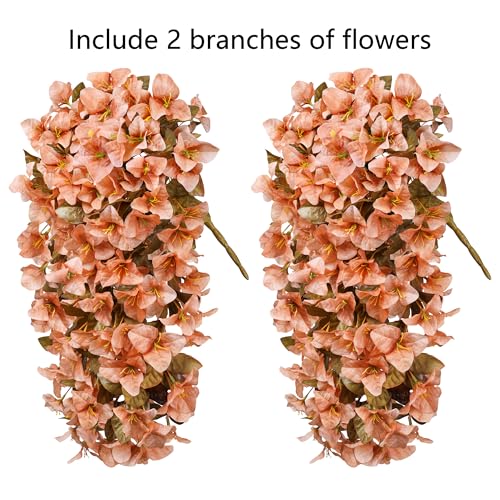 Bougainvillea Artificial Flowers Plants for Outdoors Outside Fall Autumn Decoration, 2 pcs Faux Silk Long Trailing Vines UV Resistant Look Real Brown Fake Flowers for Front Door Porch Planter Urn Yard - color: Fall Brown