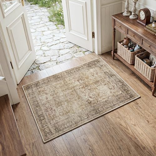 FMFUNCTEX Entryway Rug 2x3 Brown Washable Neutral Vintage Distressed Oriental Door Mat Non Slip Low Pile Indoor Carpet Soft Retro Small Throw Area Rugs for Entry Entrance Bedroom Kitchen Bathroom - color: Brown, size: 2' x 3' (Rectangular)