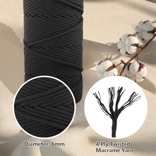 Macrame Cotton Cord 6mm x 109 Yards, ZUEXT 100% Natural Handmade Colorful 4 Strands Twisted Braided Cotton Rope for Wall Hanging Plant Hangers Gift Wrapping Tapestry DIY Crafts (100m, Black) - color: Black, style: 6mm x 100m