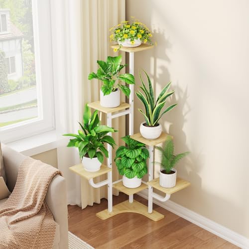 Homsorout Corner Plant Stand with Grow Light - 6 Tier Plant Stand Indoor Square Metal Plant Shelf with Adjustable Light, Plant Organizer for Living Room, Graden, Home Decor (Maple) - color: Maple & Square