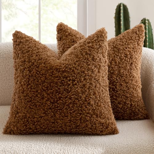 MIULEE Pack of 2 Faux Fur Throw Pillow Covers 18x18 Inch Bronze Boucle Decorative Sherpa Pillow Covers Fuzzy Accent Soft Sheepskin Fleece for Boho Home Decor Sofa Living Room Couch Bed - color: Bronze, size: 18" x 18" (Pack of 2)