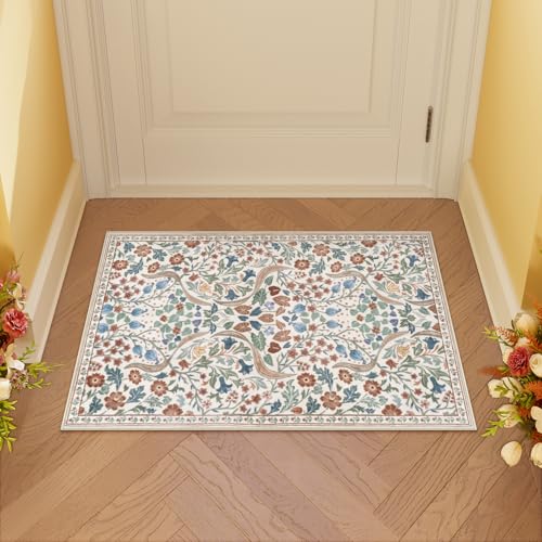 Moynesa Floral 2x3 Rugs for Entryway, Washable Kitchen Rug Non Slip Small Bathroom Throw Rug, Boho Flower Soft Ultra Thin Indoor Front Door Mat for Laundry Bedroom Entry, Beige - color: Beige, size: 2' x 3' (Rectangular)