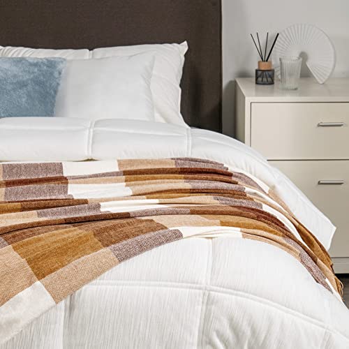 RECYCO Buffalo Paid Chenille Throw Blanket for Couch, Soft Cozy Decorative Buffalo Check Blanket Throw with Tassels for Bed Sofa, Lightweight Chenille Knitted Throw, Plaid Brown Off White, 50'' x 60'' - color: Plaid Brown Off White, size: 50'' X 60''