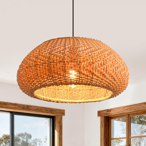 Farmhouse Pendant Light, 19" Rattan Handwoven Boho Chandelier for Dining Room, Farmhouse Ceiling Light Fixture with Adjustable Cord, Natural Wicker Hanging Lamp for Kitchen Island, Bedroom, E26 Base - color: D3038