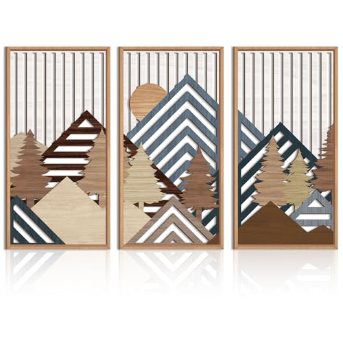 IARTTOP Large Mountain Wood Wall Art 16"x32"x3 Abstract Forest Wall Sculpture Geometric Boho Sunset Wilderness Artwork for Bedroom Living Room Office - color: Brown Framed Mountain, size: 16 x 32 inches