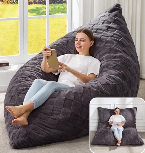Hobestluk 3 in 1 Bean Bag Chair Giant Bean Bag Chairs for Adults with Plaid Cover Convertible Bean Bag Floor Cushion with Machine Washable Cover for Living Room (Plaid Dark Grey) - color: Jet Grey