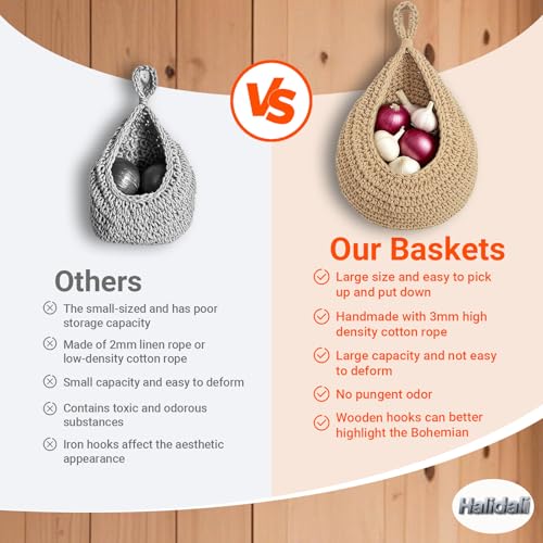 Halidali Hanging Fruit Baskets for Kitchen, 3 Pack Boho Cotton Rope Handwoven Vegetable Storage Wall Mounted Large Organizing Basket for Farmhouse Decor, Onion, Potato, Garlic and Plants (Linen) - color: Linen