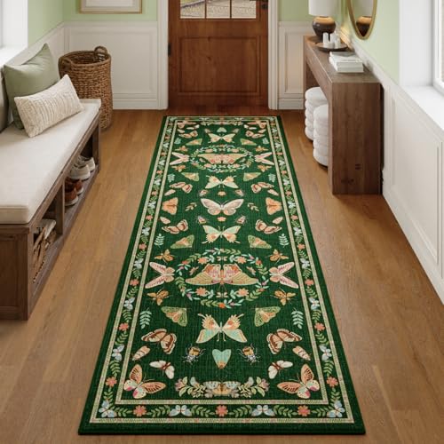 Unirea 2x6 Dark Green Runner Rug, Washable Non Slip Insect Botanical Rug for Hallway, Kitchen, Bathroom, Laundry Room, Entryway, Bedroom, Soft Boho Door Mat Indoor Entrance Bug Rugs, Low Pile Carpet - color: Dark Green, size: 2'x6'