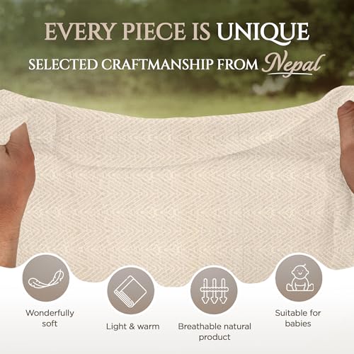 Cashmere Blanket – Hand Woven 100% Pure Wool Throw Blanket, 135 x 270 cm – Herringbone Pattern Cozy, and Soft Blanket for Bed, Sofa, or Couch - Made in Nepal - color: White Grey