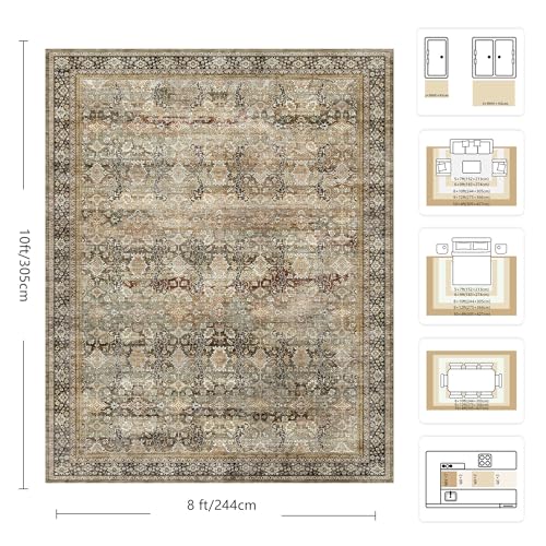 8x10 Area Rugs for Living Room - Washable Vintage Retro Large Rug, Soft Ultra Thin Non Slip Low Pile Traditional Distressed Boho Carpet for Bedroom Dining Room Home Office, Charcoal Olive - color: B-charcoal / Olive, size: 8x10