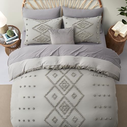 Oli Anderson Tufted Duvet Cover King Size, Soft and Lightweight Duvet Covers Set for All Seasons, 3 Pieces Boho Embroidery Shabby Chic Bedding Set (Light Grey, King, 104''x90'') - color: Light Grey, size: King(104"×90")