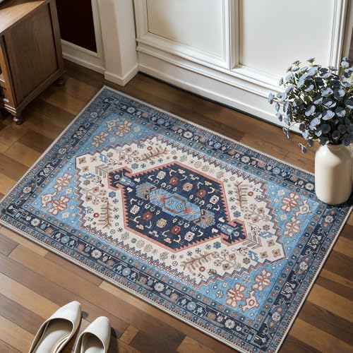 Ciicool Small Area Rug, 2x3ft Boho Rug, Ultra Soft Entry Rugs for Entryway, Non-Slip Washable Oriental Low-Pile Indoor Mat Floor Carpet for Entrance Bedroom Kitchen Bathroom Foyer Decor - color: Blue/Beige, size: 2' X 3' (Rectangular)
