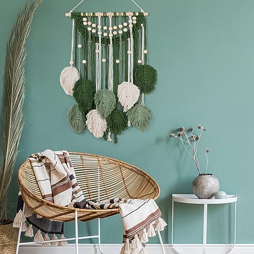 Newwiee Leaves Macrame Wall Hanging Boho Feather Macrame Wall Decor Woven Tapestry Green Stylish Feather Hanging for Nursery Bedroom Living Room 27.6 x 15.8 Inch