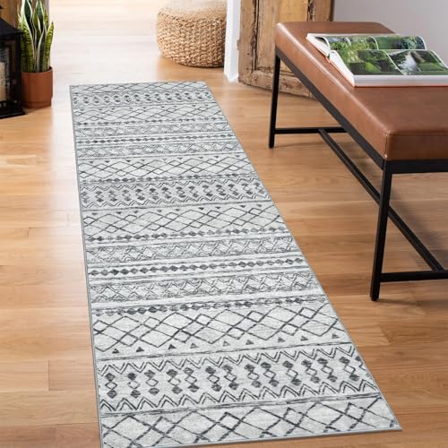KUTA Boho Washable Runner Rug 2x5 ft Grey Moroccan Washable Runners for Hallways Non-Slip Vintage Kitchen Rug Ultra Soft Distressed Geometric Floor Carpet for Bedroom Laundry Living Room - color: Grey, size: 2' x 5' (Runner)
