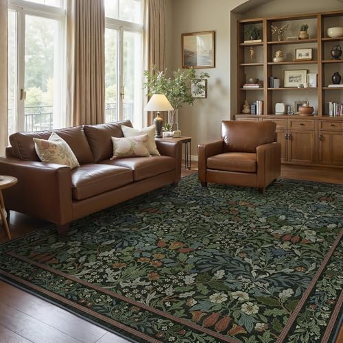 Bavni 10x14 Area Rugs for Living Room, Floral Rug Machine Washable Non Slip, Vintage Boho Forest Carpet, Soft Low Pile Thin Lightweight Rugs for Bedroom, Farmhouse, Dining Room Office, Dark Green - color: Dark Green, size: 10' x 14' (Rectangular)