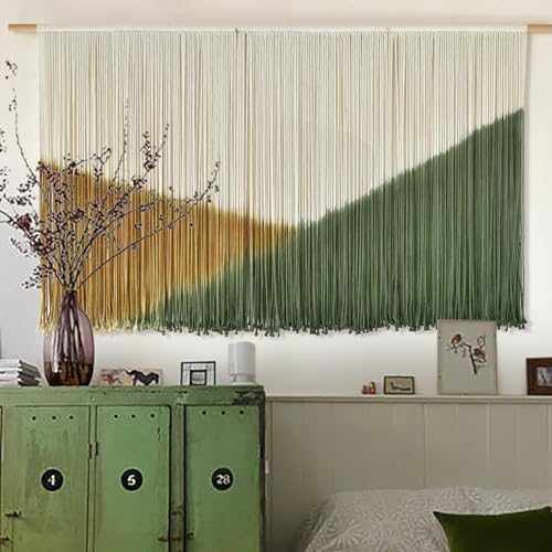 Flber Macrame Wall Hanging Large Yarn Wall Art 57" W x 31" L Modern Bohemian Home Décor for Living Room or Bedroom - color: Green Yellow