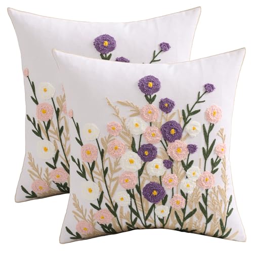 Embroidered Throw Pillow Covers 18x18 Pack of 2 Floral Pillow Covers Farmhouse Pillowcases Outdoor Garden Cushion Case Summer Decorations for Home (Purple and Pink Flower) - color: Purple-pink Flower