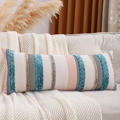 Coastal Lumbar Pillow Cover 14x36 Boho Farmhouse Turquoise Blue Throw Pillow Cover Striped Decorative Pillow Case Accent Chenille Pillowcase Patterned Cushion Case Home Decor(1 Piece) - color: Blue Stripe, size: 36" x 14" (Pack of 1)
