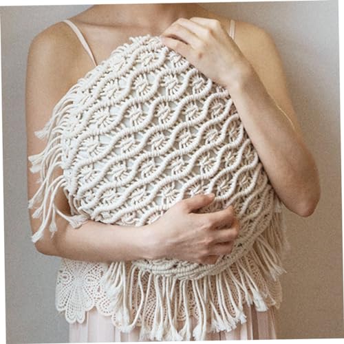 Boho Cushion Covers Hand Woven Pillowcase Round Shape Pillow Cover with Tassel Macrame for Bed Couch Car Home Decor Cream