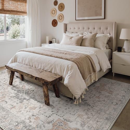 GENIMO 5X7 Area Rugs for Living Room, Machine Washable Non Slip Vintage Area Rugs, Low Pile Lightweight Print Rug for Bedroom, Dining Room, Home Office, Light Taupe Brown - color: Taupe, size: 5' x 7' (Rectangular)