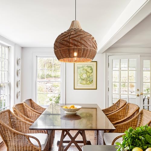 Bohemian Pendant Light, 19" Handwoven Rattan Chandelier, Farmhouse Ceiling Light with Adjustable Cord, Natural & Brown Hanging Light Fixture for Kitchen Island, Dining Room, Bedroom, Living Room - color: D3053